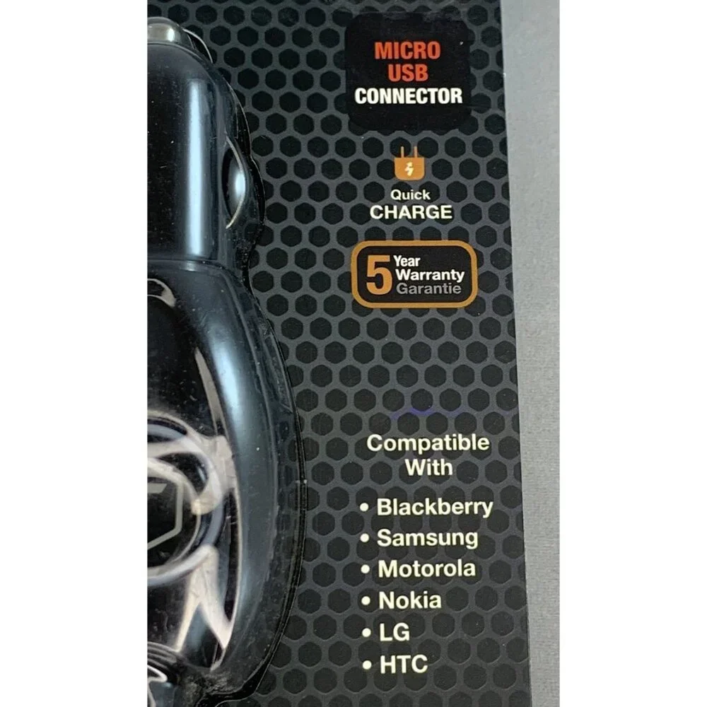 Tough Tested Micro USB Car Charger With Quick Charge and 8 ft Cord NEW